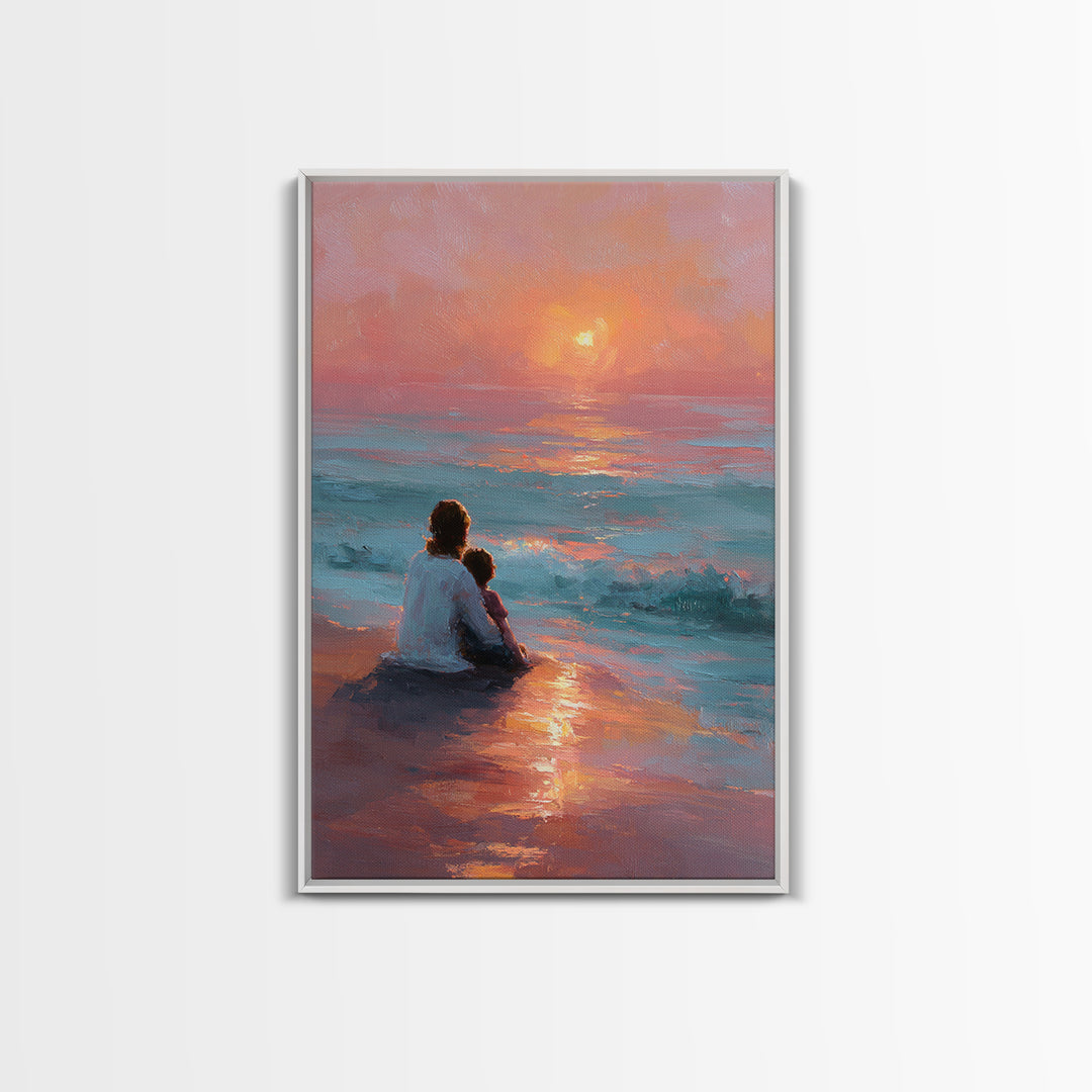 Mother And Child At Pink Ocean Sunset Wall Art, Coastal Beach Canvas Print, Nursery Decor, Mothers Day Gift, Living Room Decor