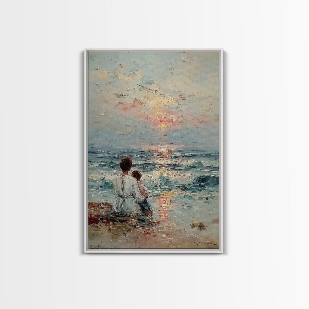 Mother And Child Watching Soft Ocean Sunrise Framed Canvas Print, Coastal Wall Art, Beach House Decor, Mothers Day Gift, Home Decor
