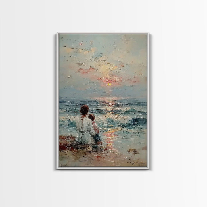 Mother And Child Watching Soft Ocean Sunrise Framed Canvas Print, Coastal Wall Art, Beach House Decor, Mothers Day Gift, Home Decor