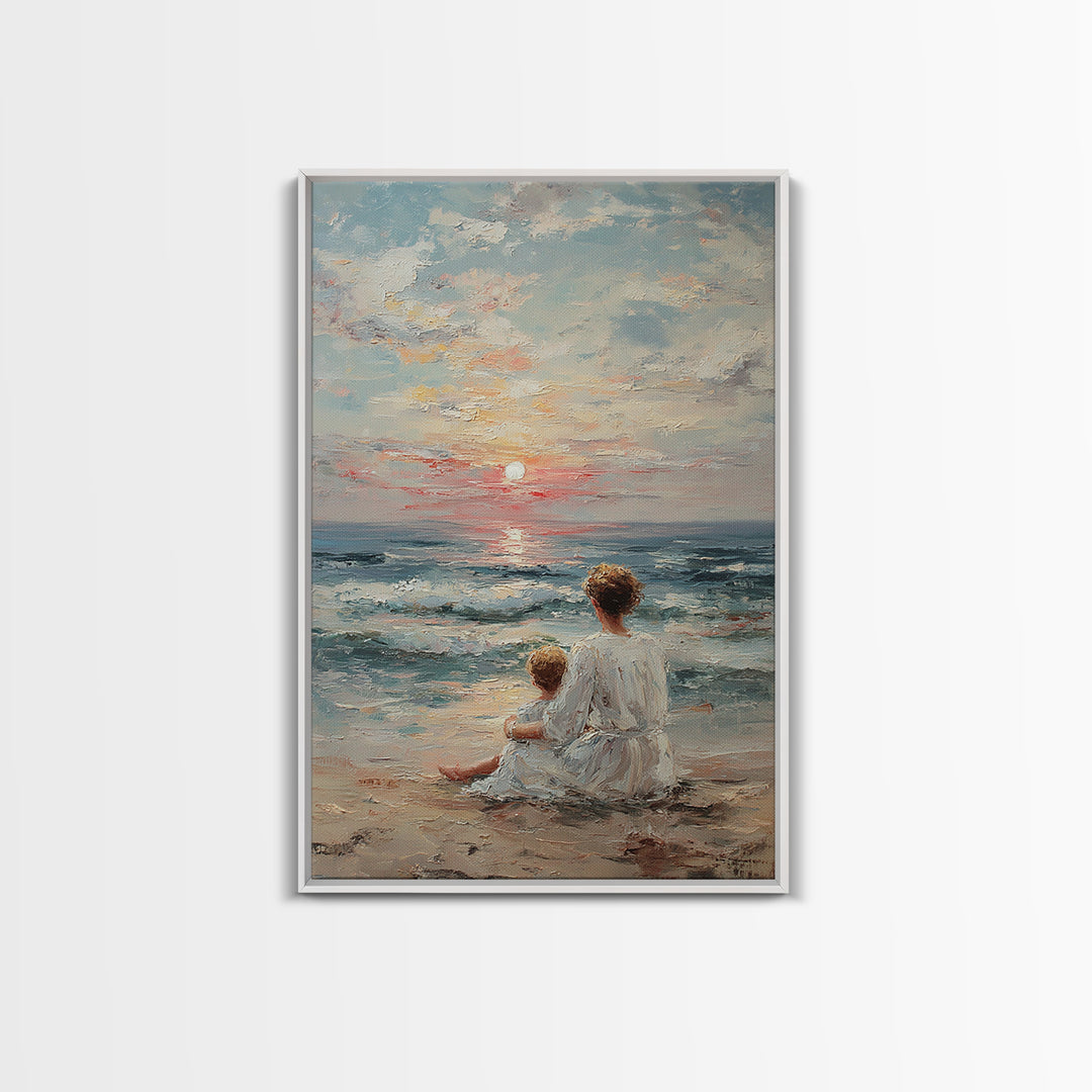 Mother And Child At Pale Seaside Sunrise Framed Canvas Print, Ocean Wall Art, Coastal Nursery Decor, Housewarming Gift, Home Decor