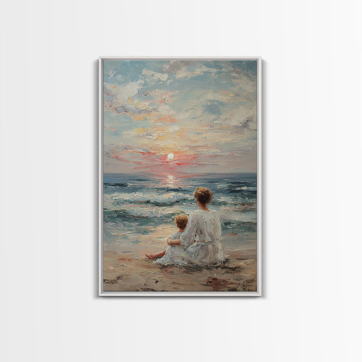 Mother And Child At Pale Seaside Sunrise Framed Canvas Print, Ocean Wall Art, Coastal Nursery Decor, Housewarming Gift, Home Decor