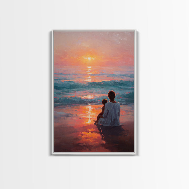 Mother And Child In Vibrant Sunset Surf Wall Art, Coastal Canvas Print, Ocean Beach Decor, Mothers Day Gift, Bedroom Decor