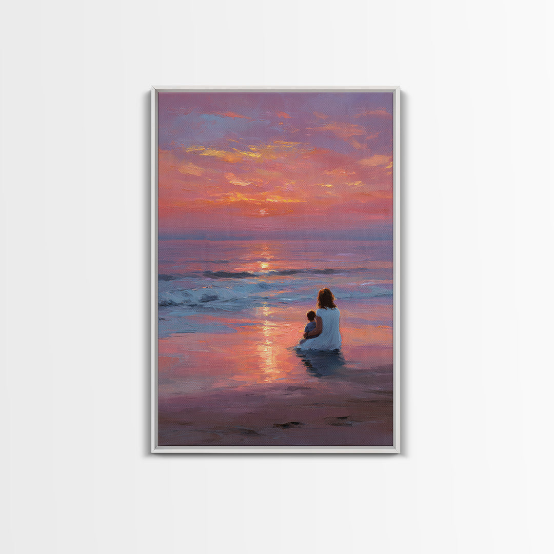 Mother And Baby In Pink Purple Ocean Sunset Canvas Print, Beach Wall Art, Coastal Bedroom Decor, Mothers Day Gift, Nursery Art