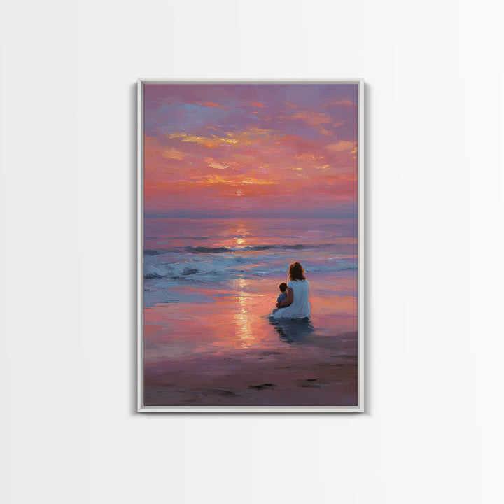 Mother And Baby In Pink Purple Ocean Sunset Canvas Print, Beach Wall Art, Coastal Bedroom Decor, Mothers Day Gift, Nursery Art