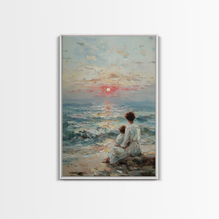 Mother And Child Watching Textured Sea Sunrise Framed Canvas Print, Coastal Wall Art, Beach House Decor, Living Room Art