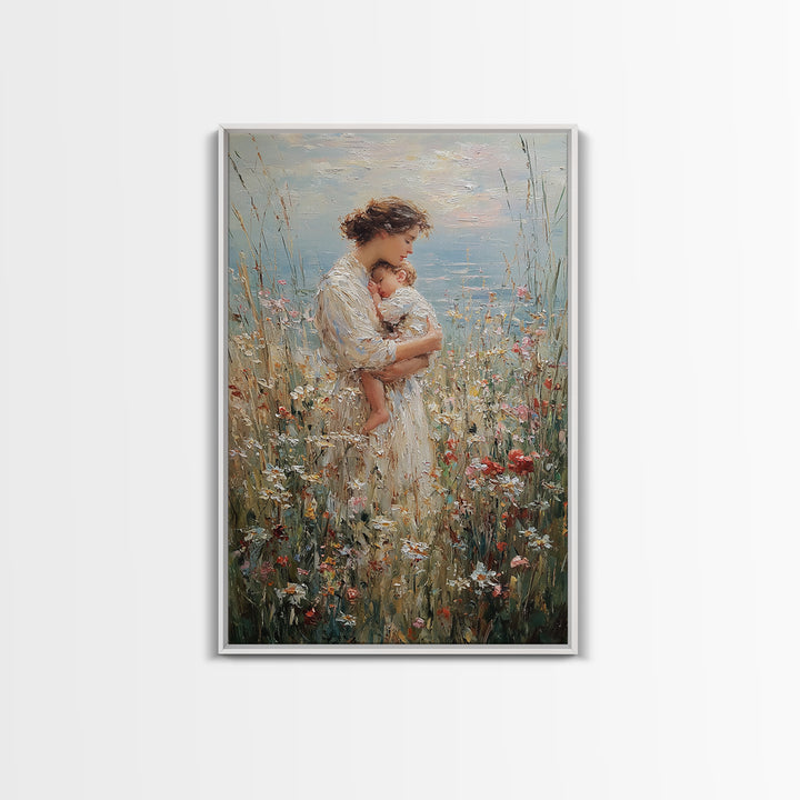 Tender Mother Holding Baby In Wildflower Meadow Wall Art, Impressionist Canvas Print For Nursery And Feminine Bedroom Decor