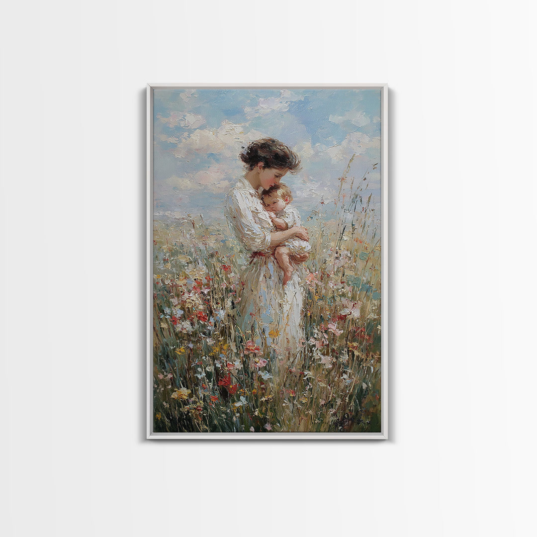 Mother And Baby In Blooming Meadow Framed Canvas Print, Soft Impressionist Wall Art For Nursery And Motherhood Home Decor