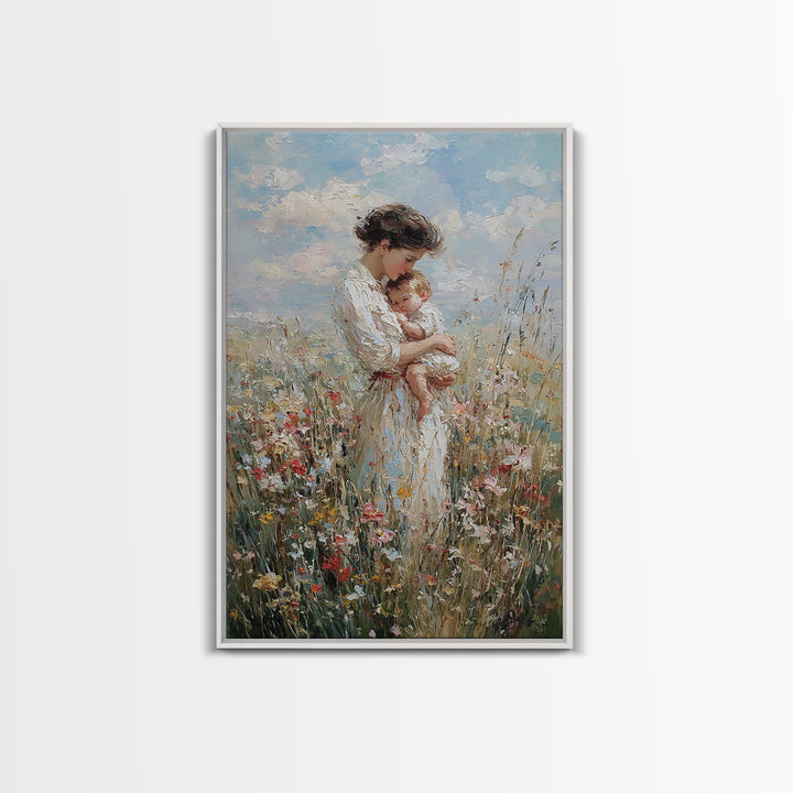 Mother And Baby In Blooming Meadow Framed Canvas Print, Soft Impressionist Wall Art For Nursery And Motherhood Home Decor