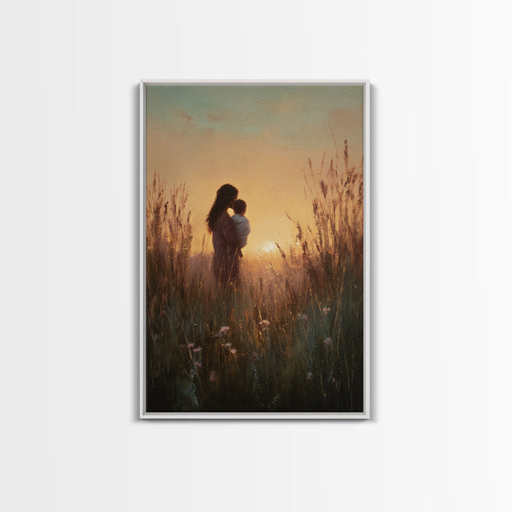 Golden Sunset Mother And Child Silhouette Canvas Print, Warm Meadow Wall Art For Nursery, Bedroom Decor, And Mothers Day Gift