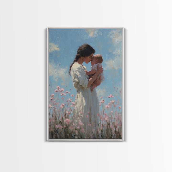 Mother And Baby Among Pink Wildflowers Wall Art, Soft Impressionist Canvas Print For Nursery Decor, Baby Shower Gift, Gift For Mom