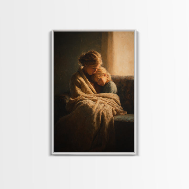 Cozy Mother And Daughter By Window Wall Art, Moody Impressionist Canvas Print For Bedroom Decor, Nursery Art, And Gift For Her