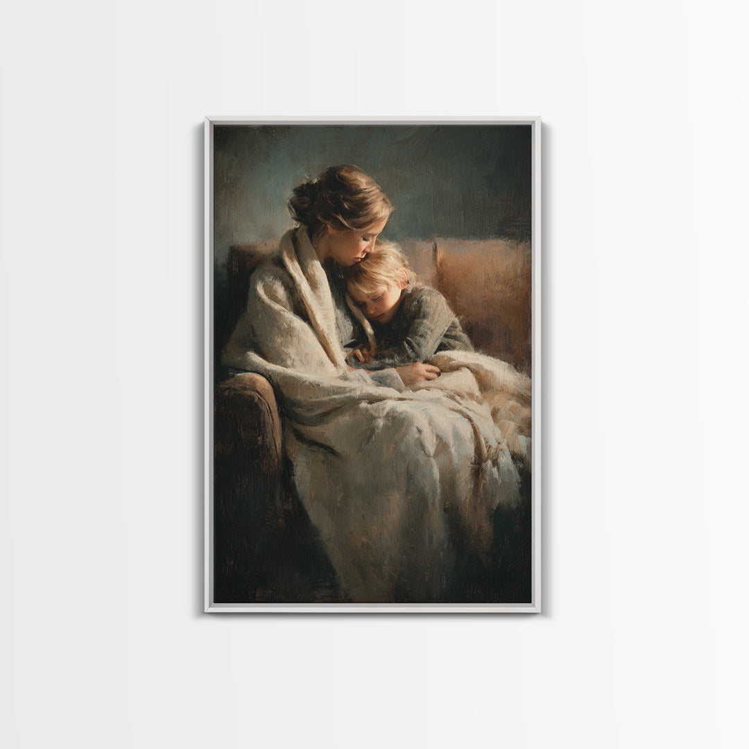 Moody Mother And Child Wrapped In Blanket Wall Art, Warm Impressionist Canvas Print For Bedroom Decor, Nursery, And Gift For Mom