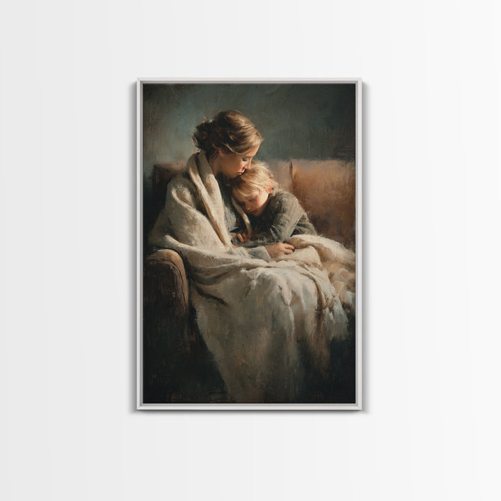 Moody Mother And Child Wrapped In Blanket Wall Art, Warm Impressionist Canvas Print For Bedroom Decor, Nursery, And Gift For Mom