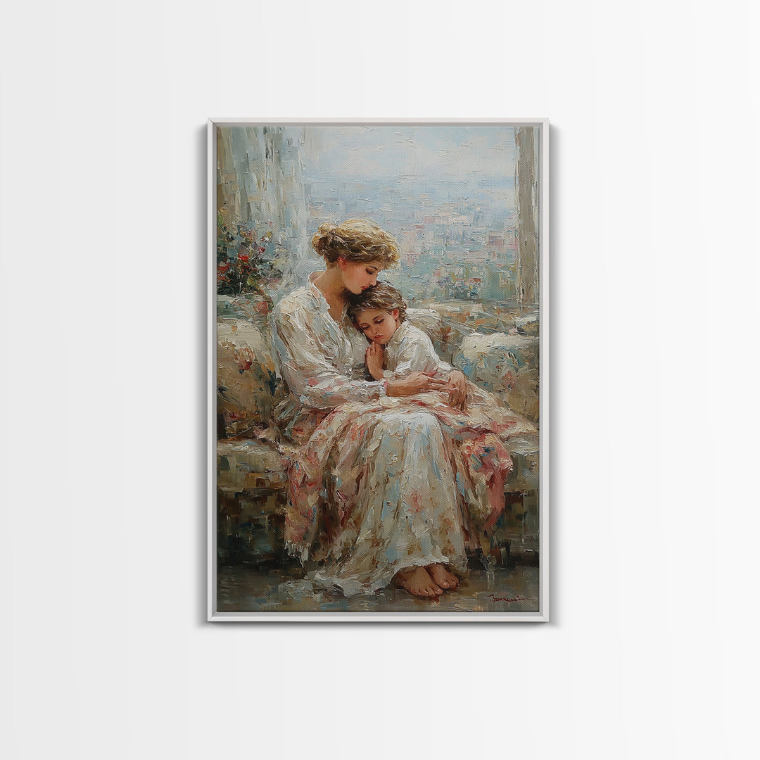 Mother And Child By Bright Window Wall Art, Textured Impressionist Canvas Print For Living Room Decor, Nursery, And Gift For Mom