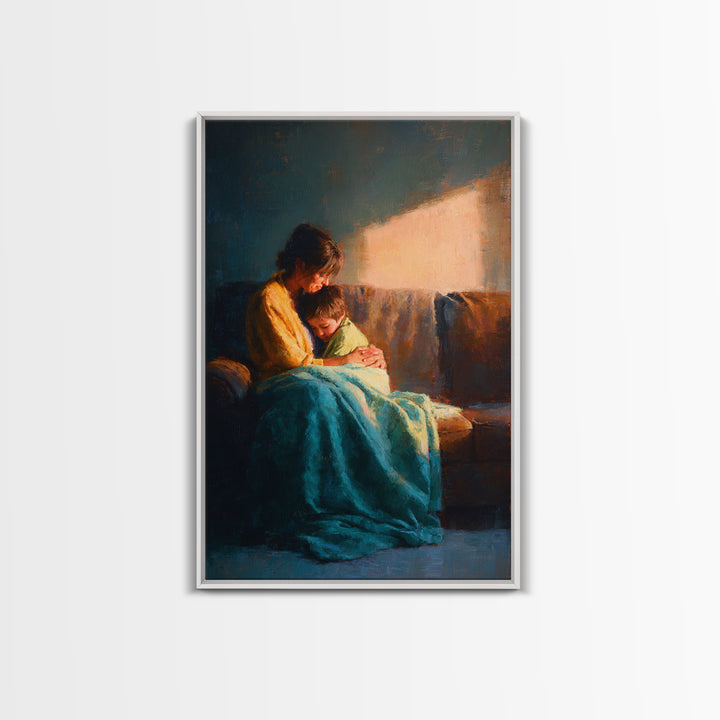 Mother And Child In Sunlit Embrace Wall Art, Impressionist Oil Painting Print, Cozy Nursery Decor, Gift For Mom, Living Room Decor
