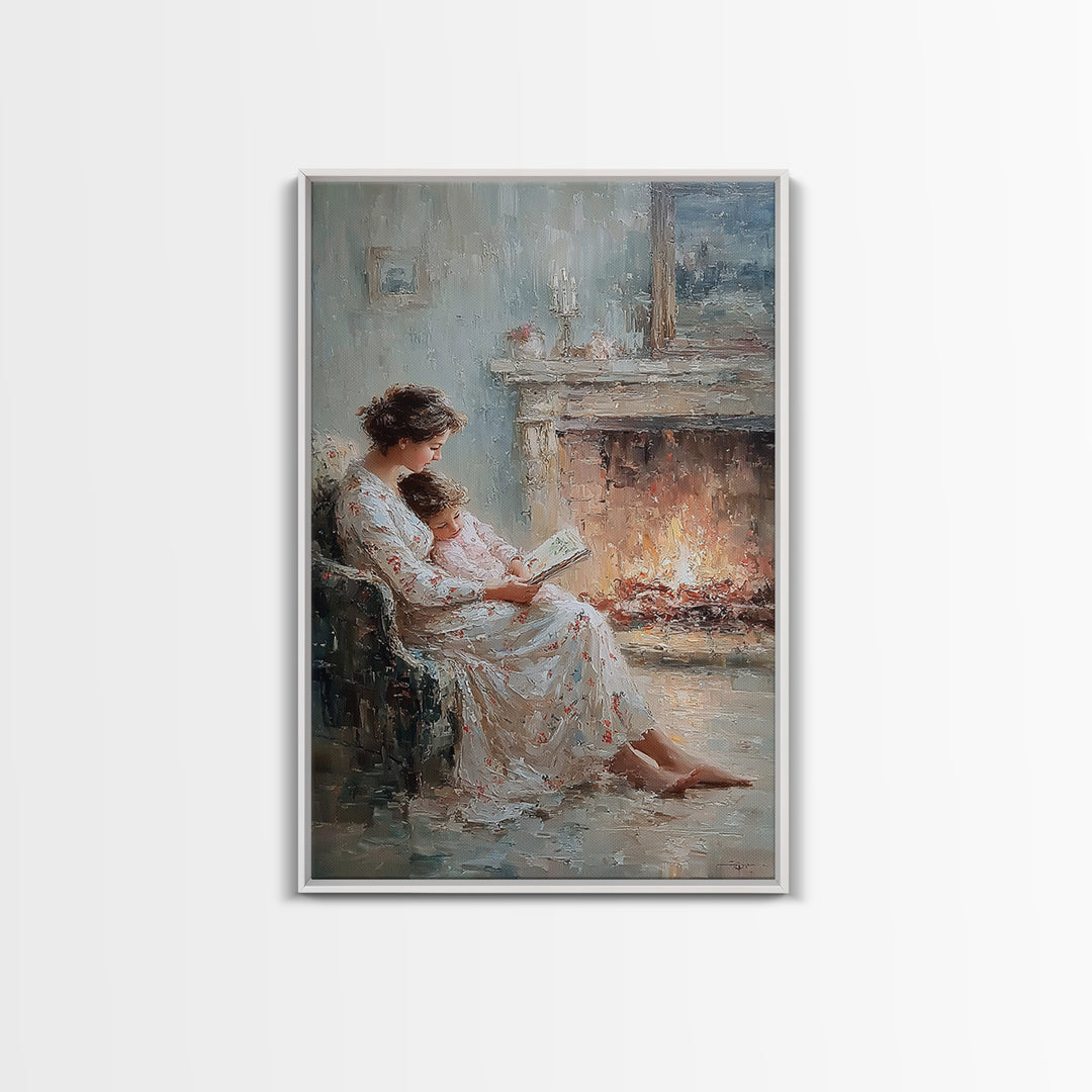 Mother And Child Reading Beside Elegant Fireplace Canvas Print, Impressionist Wall Art, Cozy Bedroom Decor, Gift For Mom