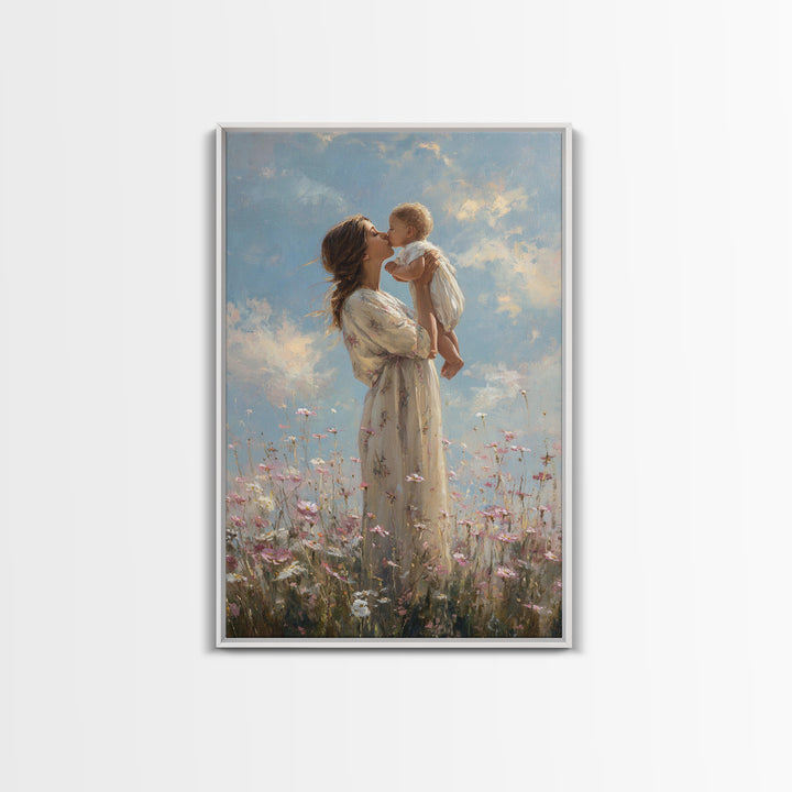 Mother Kissing Baby In Wildflower Meadow Wall Art, Impressionist Oil Painting, Feminine Nursery Decor, Gift For Mom Print