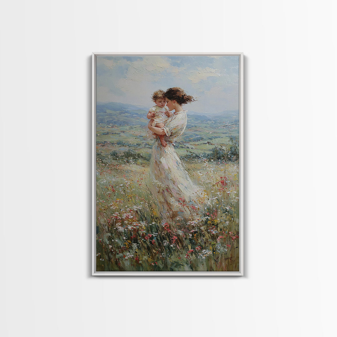 Mother Holding Baby In Windy Wildflower Valley Wall Art, Impressionist Landscape Painting, Feminine Nursery Decor, Gift For Mom
