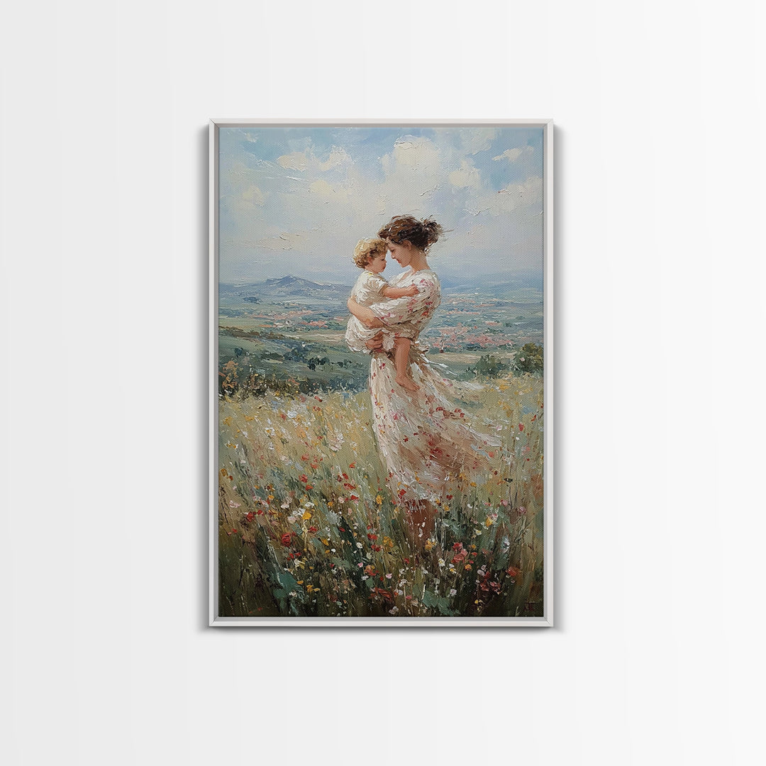 Mother And Toddler In Flower Meadow Wall Art, Impressionist Landscape Painting, Feminine Nursery Decor, Gift For Mom Art Print
