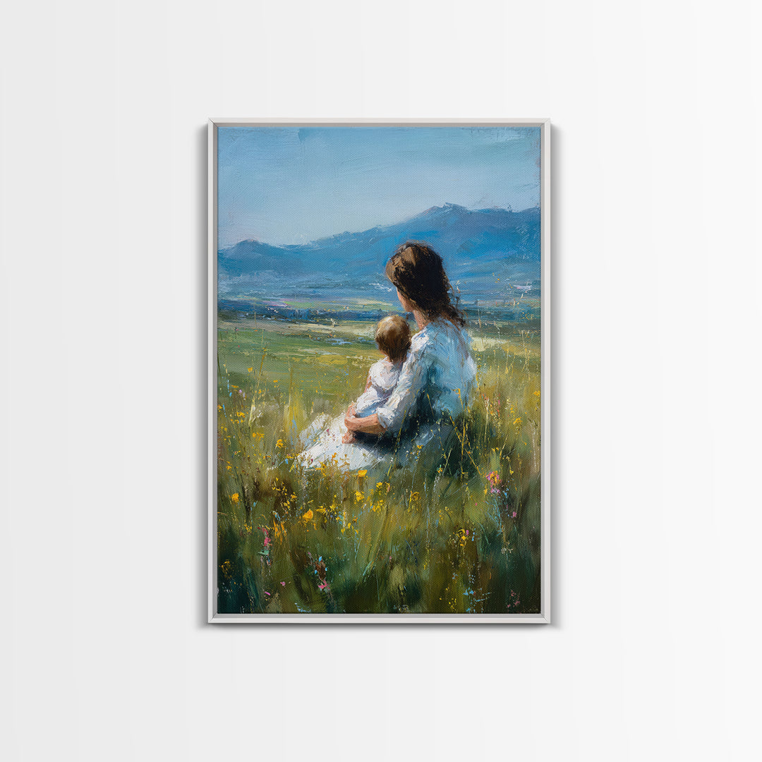 Mother And Child In Wildflower Meadow Canvas Print, Blue Mountain Landscape Wall Art, Nursery Decor, Mothers Day Gift, Home Decor