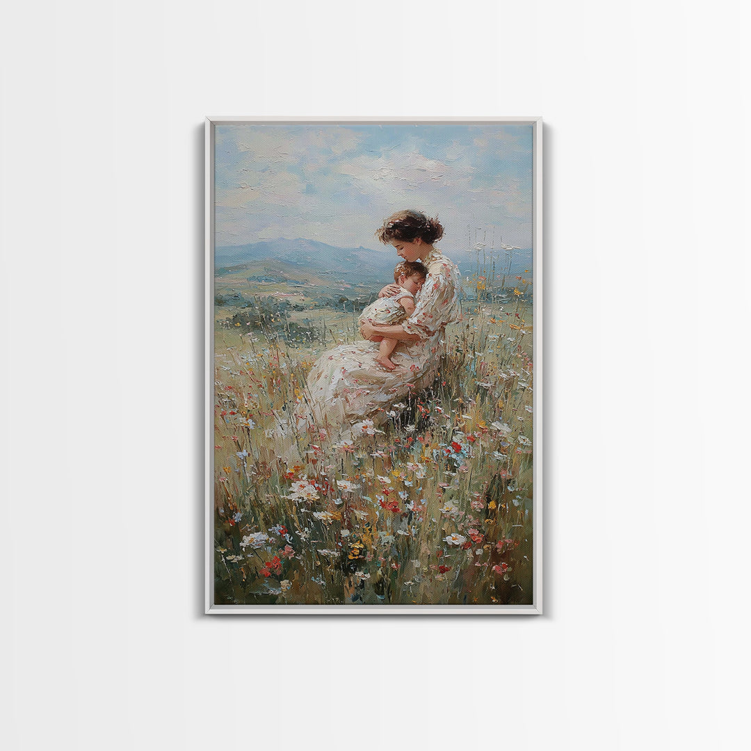Nursing Mother And Baby In Floral Meadow Framed Canvas Print, Impressionist Landscape Wall Art, Nursery Decor, Gift For Her