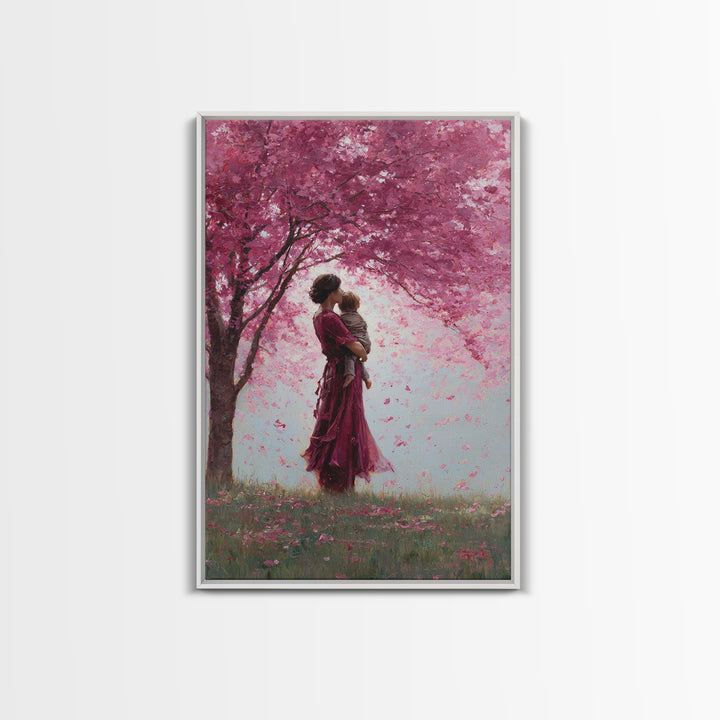 Mother And Toddler Under Pink Cherry Blossoms Wall Art, Romantic Floral Canvas Print, Feminine Decor, Mothers Day Gift, Nursery Decor