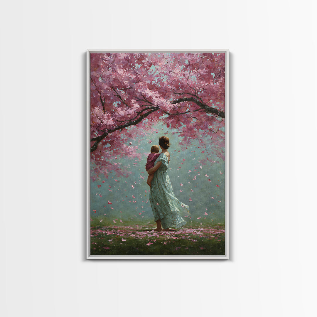 Mother And Child Beneath Cherry Blossom Canopy Canvas Print, Pink Floral Wall Art, Romantic Nursery Decor, Gift For Her, Home Decor