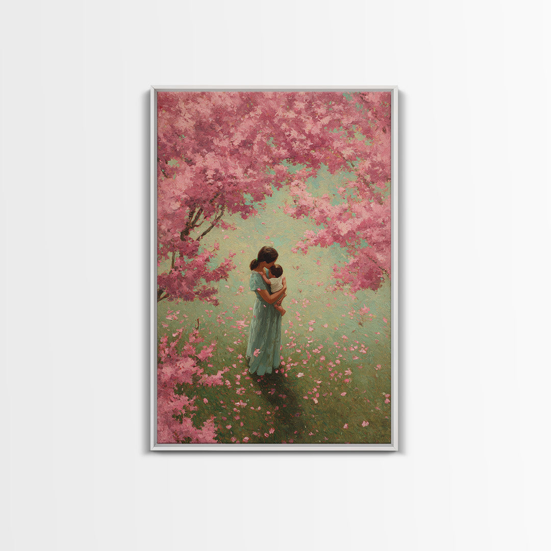Mother Embracing Baby In Pink Blossom Garden Framed Canvas Print, Floral Wall Art, Feminine Nursery Decor, Mothers Day Gift