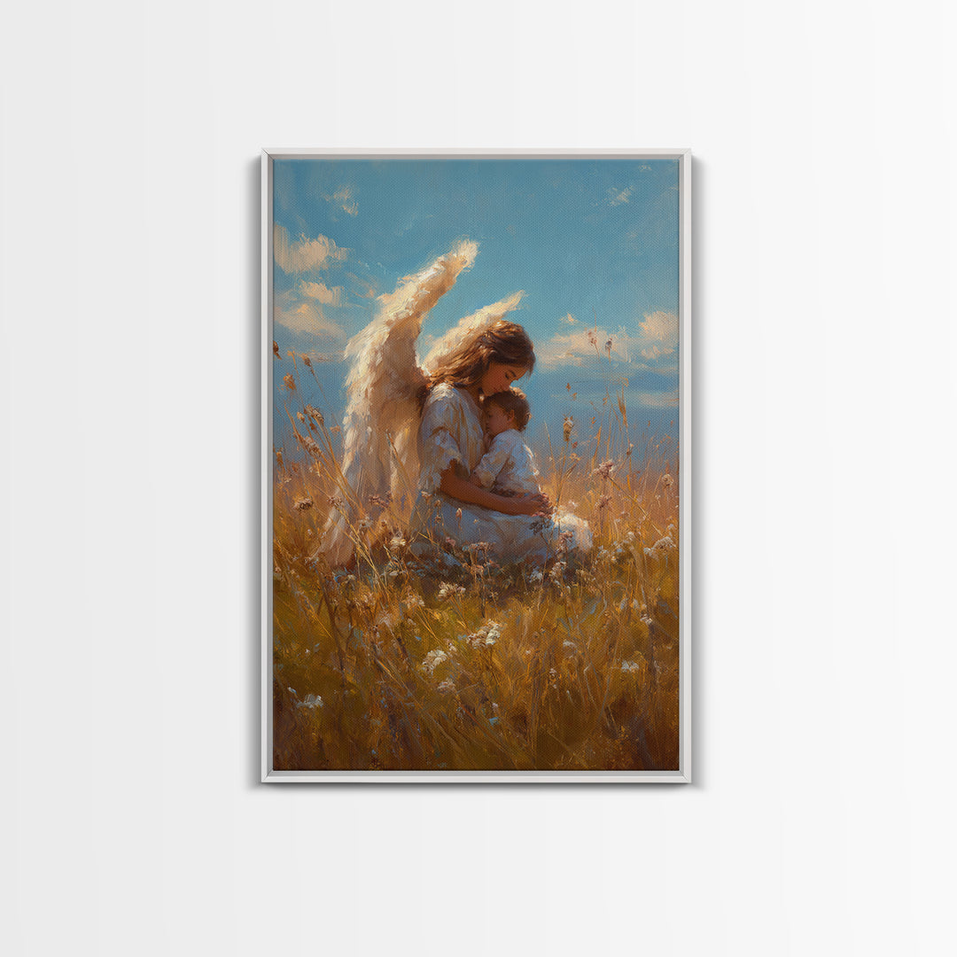 Guardian Angel Mother Holding Baby In Golden Wheat Field Canvas Print, Christian Wall Art, Nursery Decor, Mothers Day Gift
