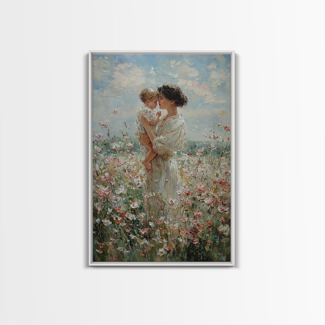 Mother And Baby Among White Wildflowers Framed Canvas Print, Impressionist Floral Wall Art, Nursery Decor, Gift For Her, Mothers Day Gift