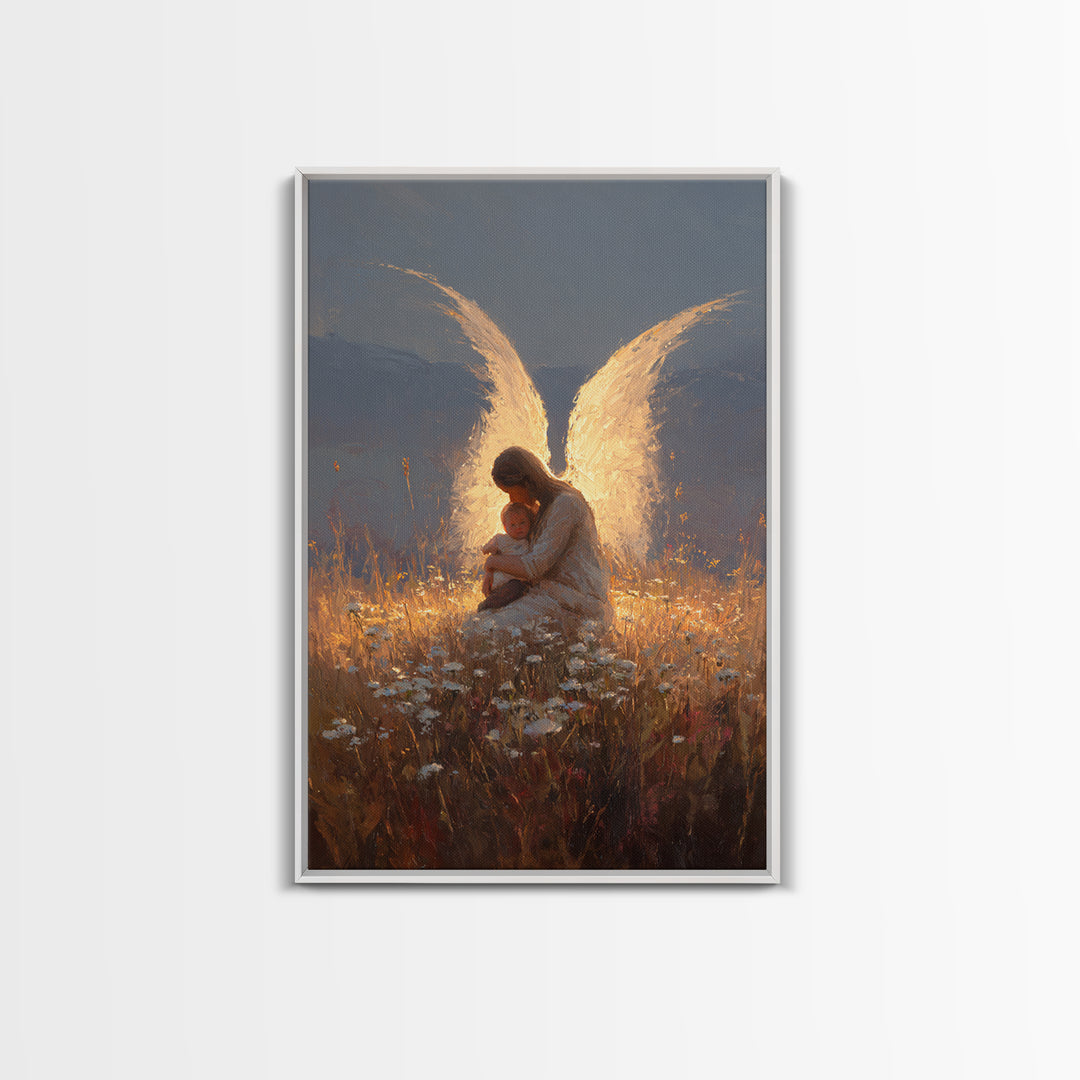 Glowing Guardian Angel With Baby In Twilight Meadow Canvas Print, Christian Wall Art, Spiritual Decor, Nursery Decor, Gift For Her