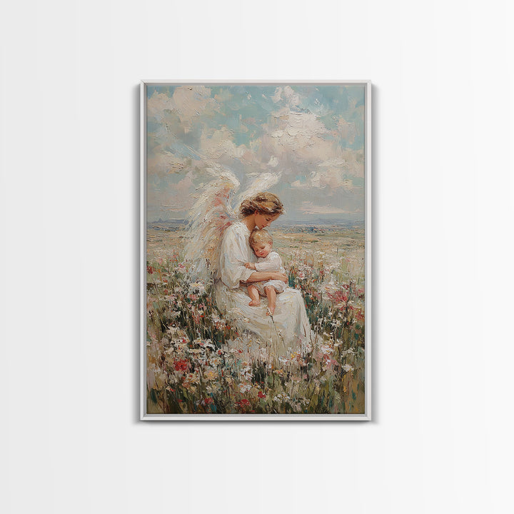 Angel Mother Holding Sleeping Child In Wildflower Meadow Framed Canvas Print, Christian Wall Art, Nursery Decor, Gift For Her