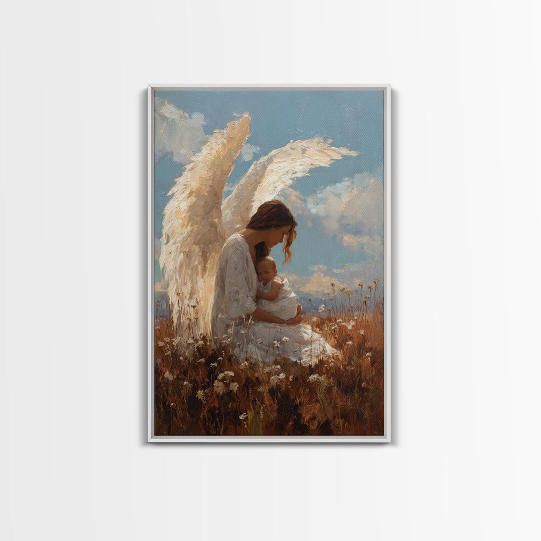 Guardian Angel Mother Cradling Baby In Golden Meadow Canvas Print, Christian Wall Art, Nursery Decor, Mothers Day Gift, Home Decor