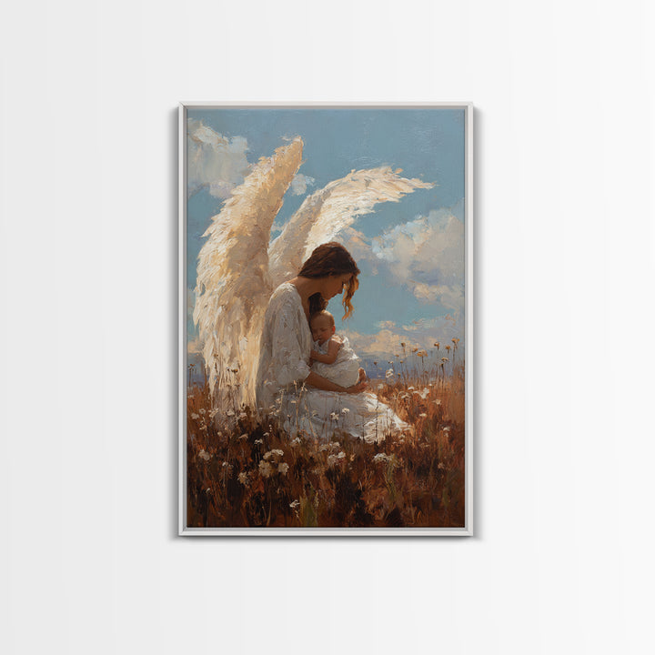 Guardian Angel Mother Cradling Baby In Golden Meadow Canvas Print, Christian Wall Art, Nursery Decor, Mothers Day Gift, Home Decor