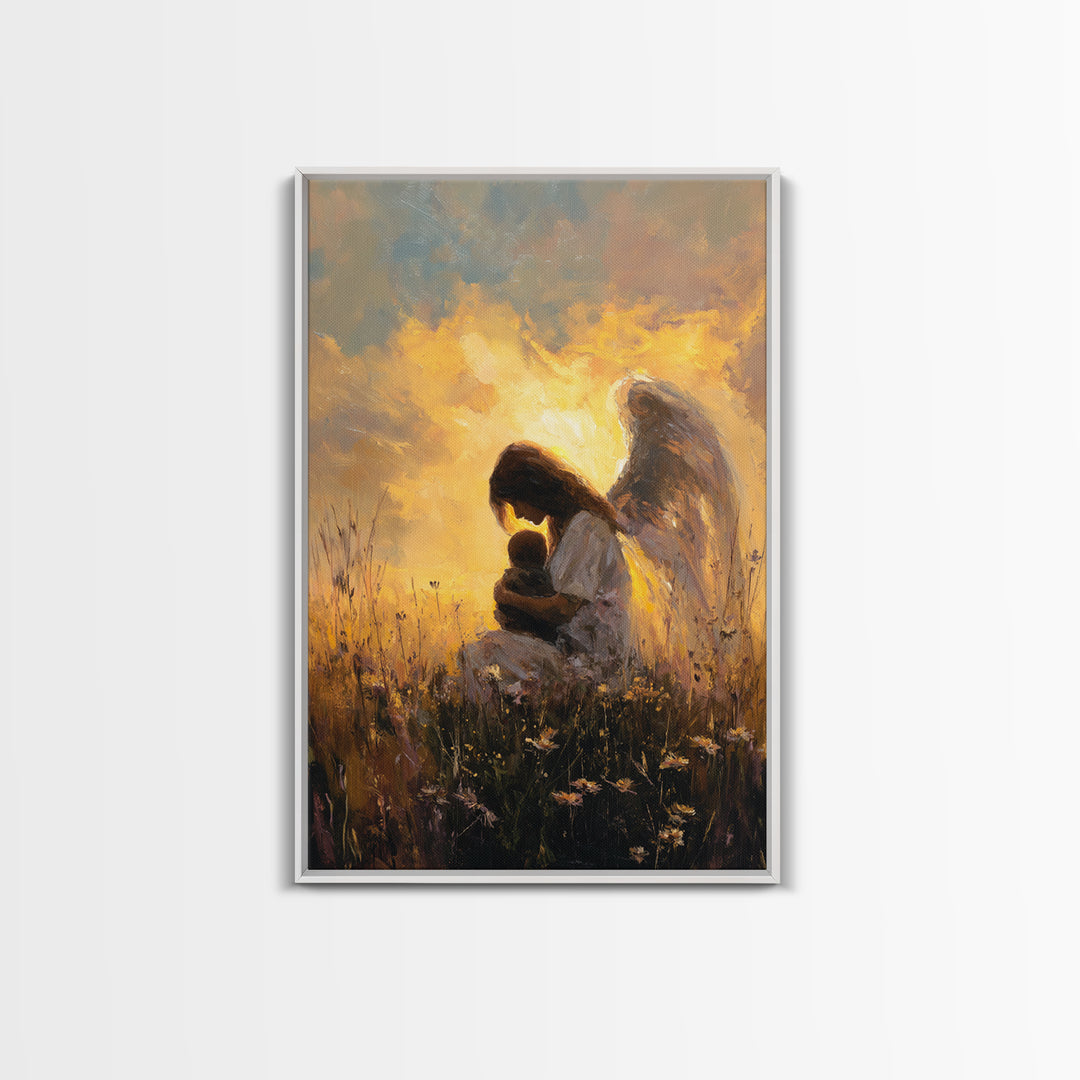 Golden Guardian Angel With Child Wall Art, Christian Nursery Decor, Spiritual Canvas, Angel Painting, Gift For Mom, Living Room Decor