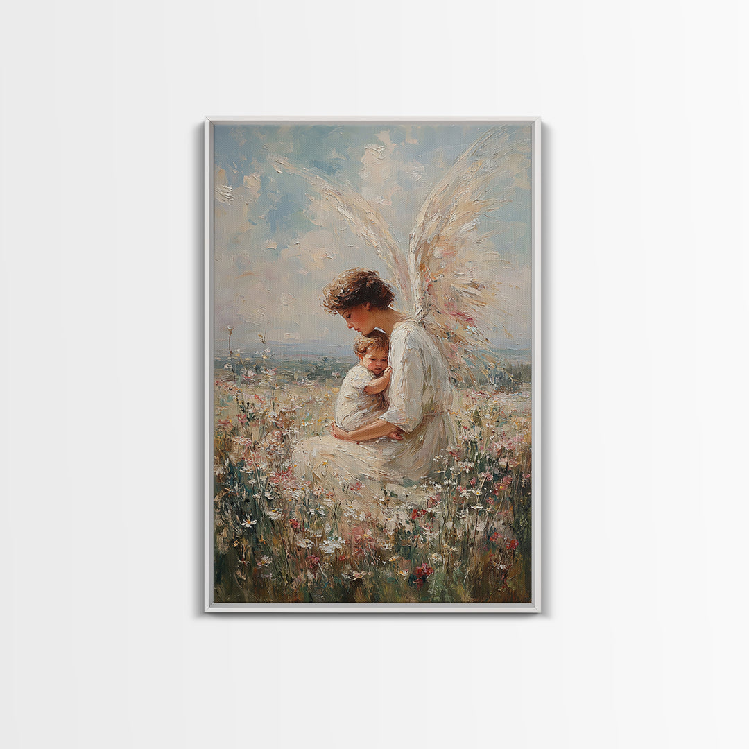 Serene Angel Holding Child Canvas Print, Christian Wall Art, Nursery Wall Decor, Spiritual Gift, Fine Art Print, Home Decor