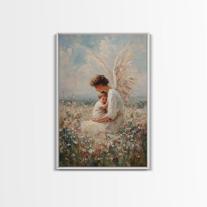 Serene Angel Holding Child Canvas Print, Christian Wall Art, Nursery Wall Decor, Spiritual Gift, Fine Art Print, Home Decor