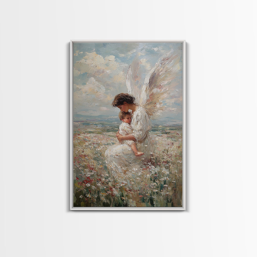 White Winged Angel And Child Framed Canvas Print, Christian Nursery Art, Guardian Angel Wall Decor, Religious Gift For Baby