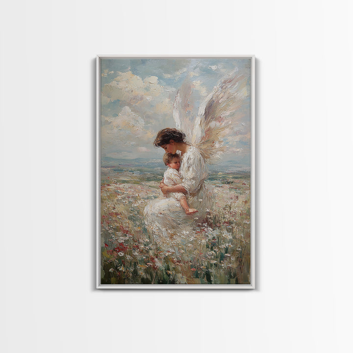 White Winged Angel And Child Framed Canvas Print, Christian Nursery Art, Guardian Angel Wall Decor, Religious Gift For Baby