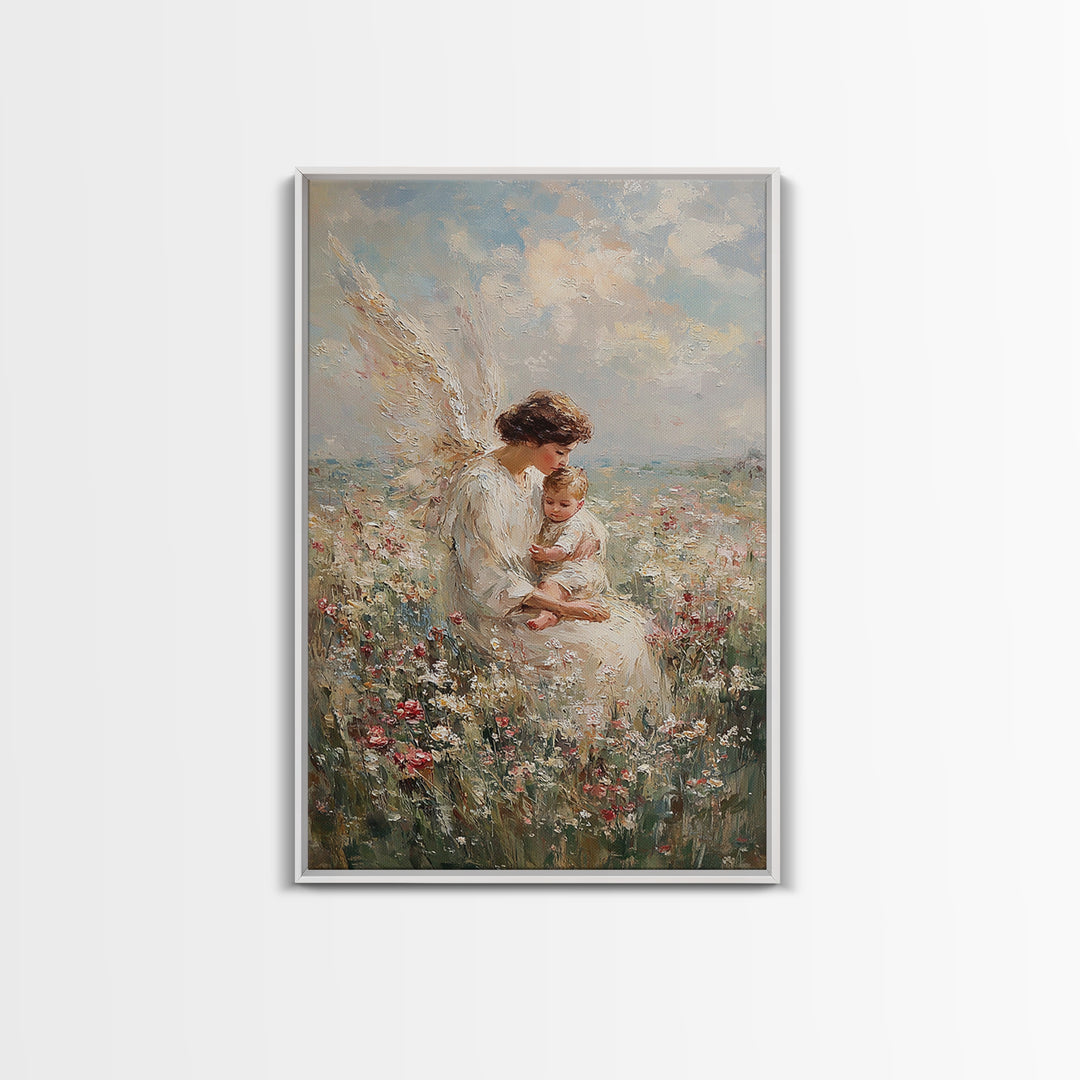 Motherly Angel With Baby In Wildflowers Wall Art, Christian Nursery Decor, Guardian Angel Print, Baptism Gift For Mom And Baby