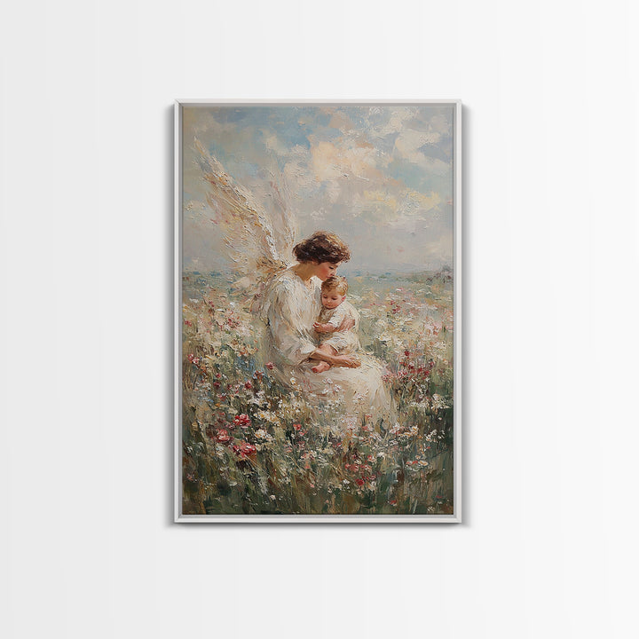 Motherly Angel With Baby In Wildflowers Wall Art, Christian Nursery Decor, Guardian Angel Print, Baptism Gift For Mom And Baby