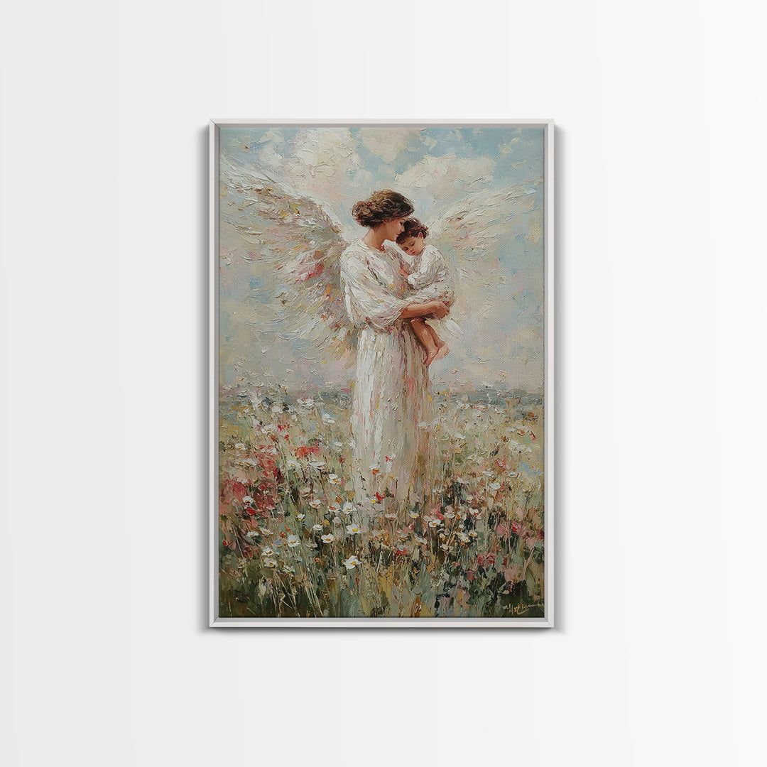 Standing Guardian Angel Holding Baby Canvas Print, Christian Wall Art, Nursery Decor, Spiritual Gift, Floral Meadow Art Print