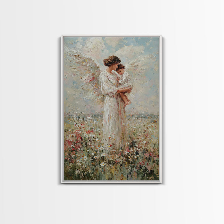 Standing Guardian Angel Holding Baby Canvas Print, Christian Wall Art, Nursery Decor, Spiritual Gift, Floral Meadow Art Print