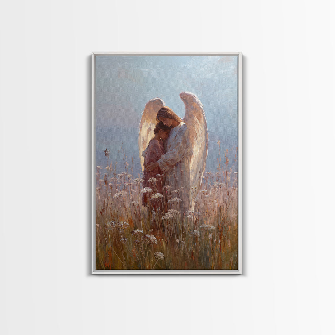 Sunlit Angel Embracing Child Wall Art, Christian Nursery Decor, Guardian Angel Canvas, Spiritual Home Decor, Gift For Her