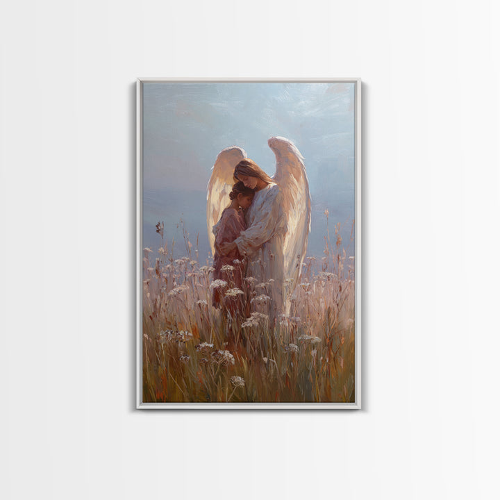 Sunlit Angel Embracing Child Wall Art, Christian Nursery Decor, Guardian Angel Canvas, Spiritual Home Decor, Gift For Her