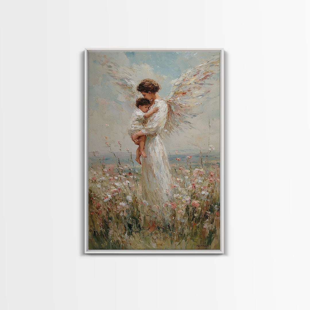 Tender Angel Carrying Child Framed Canvas Print, Christian Wall Art, Nursery Room Decor, Guardian Angel Gift For Baby Girl