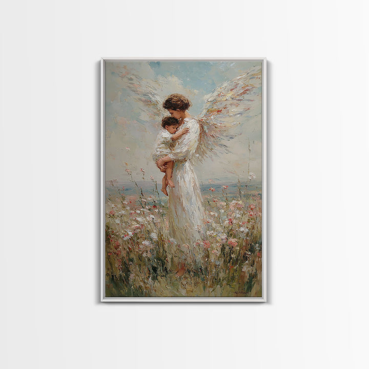 Tender Angel Carrying Child Framed Canvas Print, Christian Wall Art, Nursery Room Decor, Guardian Angel Gift For Baby Girl