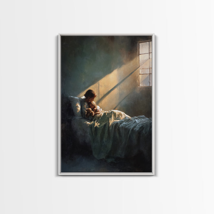 Sunlit Child With Teddy In Bed Wall Art, Bedroom Decor, Nursery Art Print, Sweet Dreams Poster, Cozy Guest Room Decor Gift