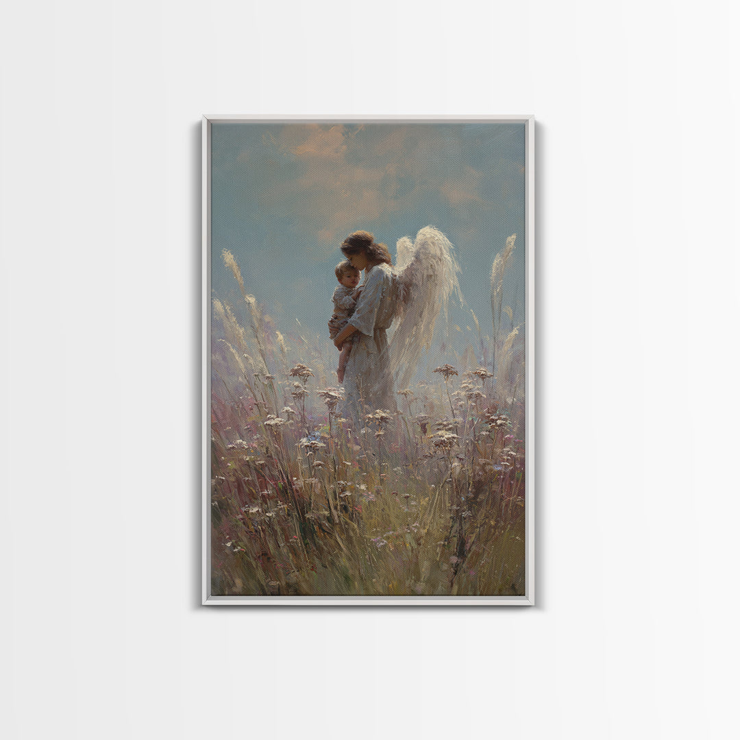 Soft Meadow Angel Holding Baby Canvas Print, Christian Wall Art, Nursery Decor, Guardian Angel Gift, Calming Wall Decor Print