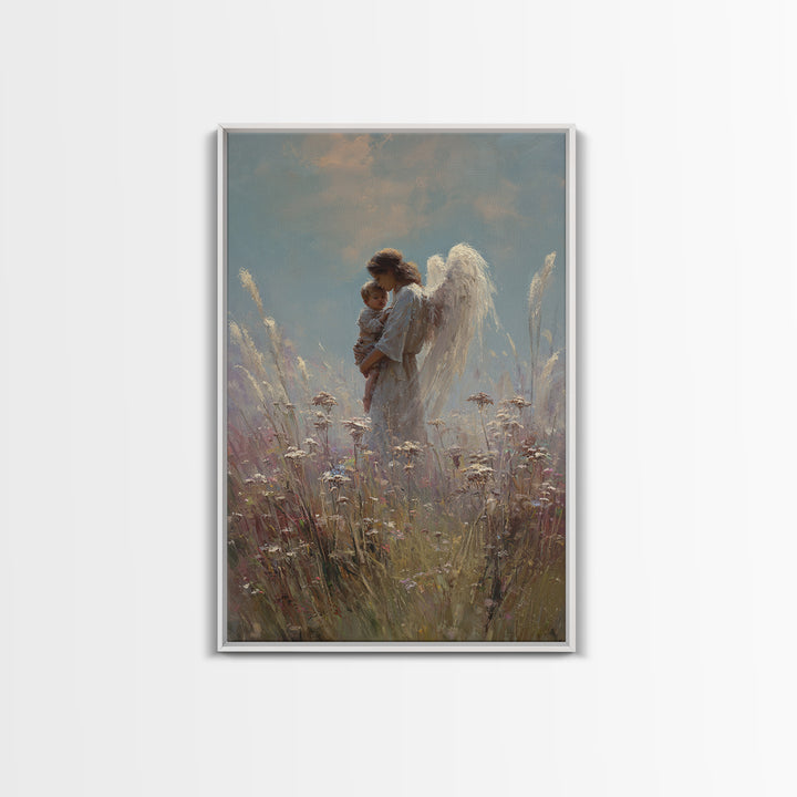 Soft Meadow Angel Holding Baby Canvas Print, Christian Wall Art, Nursery Decor, Guardian Angel Gift, Calming Wall Decor Print